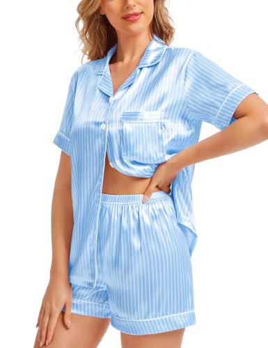 Image of SWOMOG Womens Silk Satin Pajamas Set Short Sleeve Sleepwear Button Down Top and Shorts Loungewear 2 Piece Pjs Set XS-3XL Striped Blue Medium