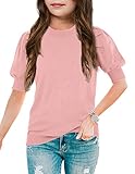 Girls Puff Short Sleeve Sweater Tops for Teen Girls Crew Neck Blouse Crochet Knit Soft Pullover Shirt 9-10 Years Z-Pink