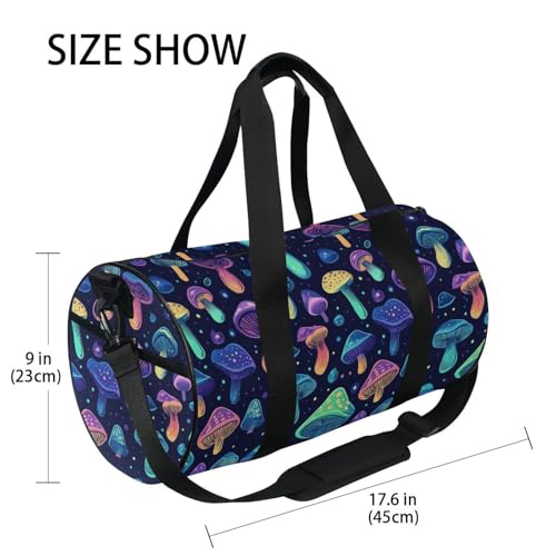 Color Mushroom Sports Duffel Bag Full Print Barrel Gym Bag with Side Zipper Pocket and Inner Compartment, Durable Lightweight Fabric for Sports, Training, Travel and Outdoor Use4
