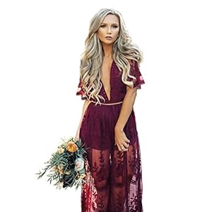 Eleter-Womens-Deep-V-Neck-Lace-Romper-Short-Sleeve-Long-Dress Eleter Women's Deep V-Neck Lace Romper Short Sleeve Long Dress(M,Wine Red)