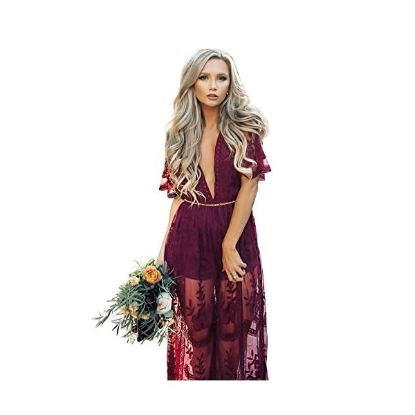 Eleter-Womens-Deep-V-Neck-Lace-Romper-Short-Sleeve-Long-Dress Eleter Women's Deep V-Neck Lace Romper Short Sleeve Long Dress(M,Wine Red)