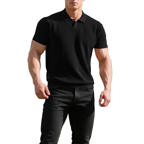 Men's Soft Viscose Blend Short-Sleeve Polo Sweater Lightweight Knit Top for Fall & Winter Classic Black Brown Beige
