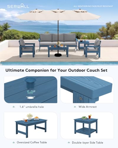 Image of SERWALL HDPE Outdoor Patio Furniture Set Outdoor Couch | All Weather Outdoor Sectional with Coffee Table & Side Table, Blue Frame & Gray Cushions