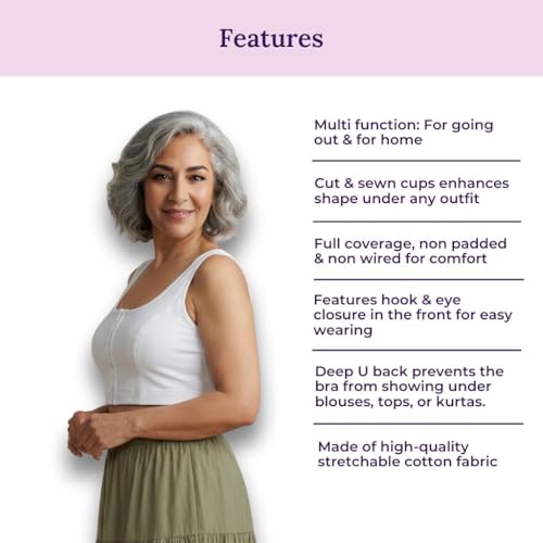 Image of ADIRA | Front Open Bra for Elderly Women | Non Padded & Non Wired | Bra for Elderly Women | Full Coverage with Front Hook | U-Back | Stretchable Cotton Fabric | Pack of 1