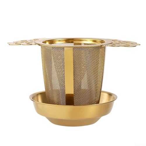 Coladores de té de acero inoxidable, infusor de té, con tapa y asa plegable para teteras, tazas, tazas, fácil manejo, protección contra quemaduras (dorado)