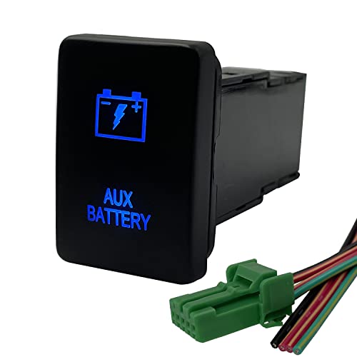 Image of Blue AUX Battery Push Button Switch for Toyota Vehicle Toyota FJ Cruiser Prado Landcruiser RVA4 Highlander 3Amp 12V Led Illuminated ON-Off SPST Button Switch with Wiring Connector