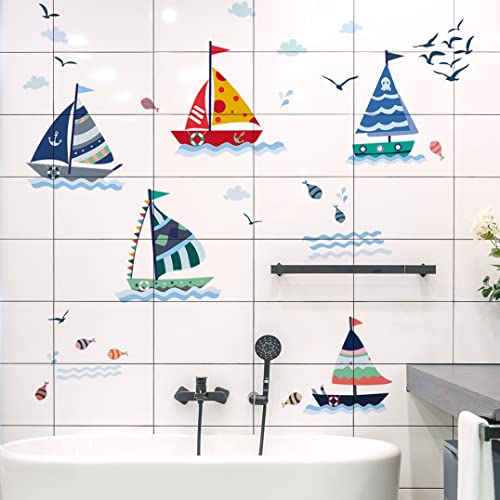 WandSticker4U®- Stickers muraux enfants VOILIER (175x70 cm) I Autocollant mural salle de bain imperméable bateau poissons mer océan I Déco murale chambre...