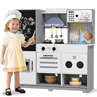 Kids Wooden Kitchen, Large Pretend Role Play Kitchen Toys with Realistic Oven, Microwave, Water Dispenser and Sink with Taps, Kitchen Playset with Sound and Light for Kids