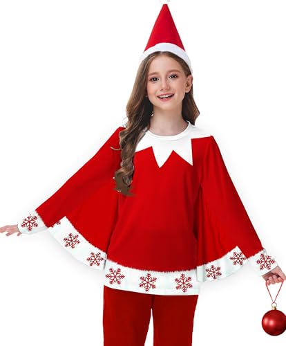 Magrank Xmas Elf Shirts for Kids Girl Christmas Red Long Sleeve Tops Holiday Gifts with Crewneck Tee Shirt 11-12 Years