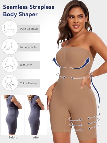 SHAPERIN Strapless Shapewear Bodysuit for Women Tummy Control Full Body Shaper with Removable Straps Coffee L — view 3
