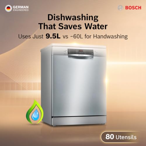 Image of Bosch 15 Place Setting (fits up to 80 utensils) Free-Standing Dishwasher for Indian Utensils | Hygiene+ & Intensive Kadhai Program (SMS46KI03I, Inbuilt Heater, Removes 99.9% Germs, Silver Inox)