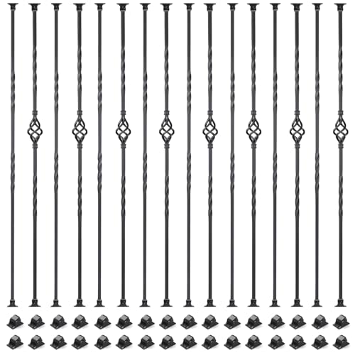 16 Pack Staircase Balusters, 1/2" x 43.8" Hollow Single Basket and Double Twist Iron Balusters for Staircase Indoorï¼Œwith 32 Swivel Shoes