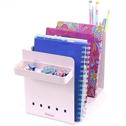 Image of Adjustable Bookend Organizer with Pen Holder | Expandable Desk Bookshelf for Office, Study, and Home | Book Rack Stand for Books, Files & Stationery (Extends Up to 17 Inches) - Pink