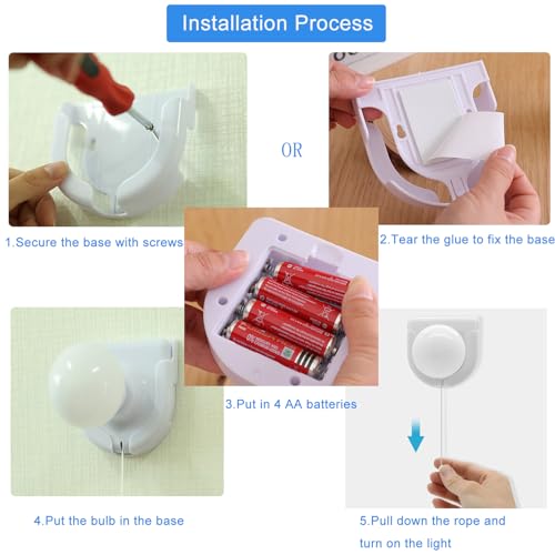 Image of Battery Operated Light Bulb with Pull Chain, 2 Pack Wireless Stick-Up LED Closet Light Bulb, Self Adhesive Wall Mounted Light Fixture for Cabinet Bedroom Living Room Kitchen, Clear Cover
