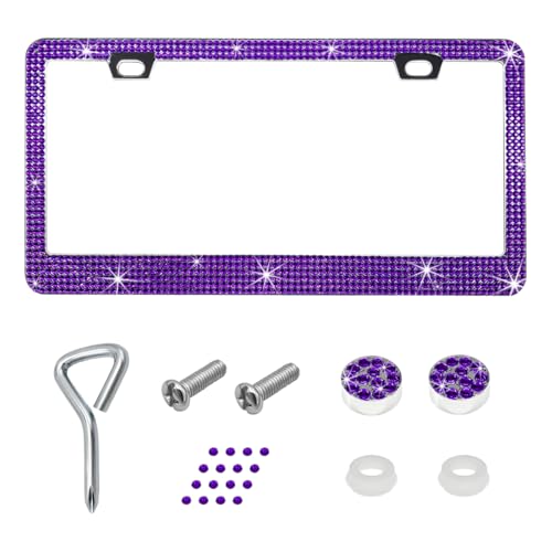 SHMZK Bling License Plate Frame Handcrafted Rhinestone License Plate Holder with Mounting Kit Sparking Diamond Stainless Steel License Plate Cover for Women Car Accessories (Purple)