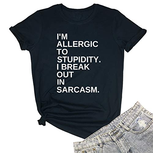 YITAN Women Graphic I'm Allergic to Stupidity Funny T Shirts Girl Cute Tops Black Large