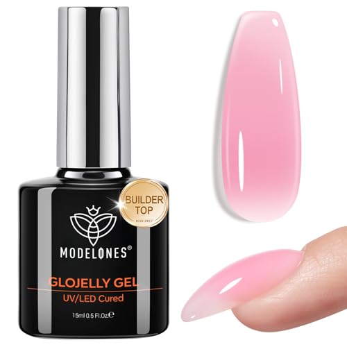 modelones Builder Nail Gel Top Coat 15 ML No Wipe Ultra Gloss Jelly Pink Gel Polish Apex Building Nails Strengthening Extension Sheer Blush Color Nail Art Long Lasting Soak Off U V Manicure Gift