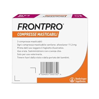 FRONTPRO 3 Compresse Masticabili Antiparassitario per Cani di Peso 2-4 kg Protegge da Pulci e Zecche, Antipulci in Confezione da 3 Compresse da 11.3 mg di Afoxolaner, 2kg-4kg