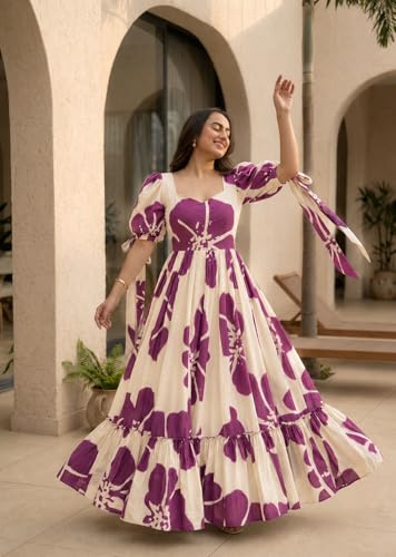 Image of Modestouze Attires Women's Floral Pattern Rayon Blend Maxi Dress with Sweetheart Neck Half Puff Sleeve Floor Length and Zipper Closure Type | Maxi Dress for Women Stylish | Dress for Women