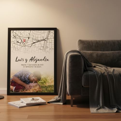 Miniatura 8 de Deregaloos Póster Personalizado Con Foto Y Mapa De Coordenadas. Cuadro Decorativo Y Marco Con Nombres Y Fecha. Regalo Romántico Con Imagen Para Parejas. Ideal Para Aniversario Mapa Y Fecha Foto