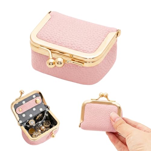 Sdfvsdg Genuine Leather Mini Jewelry Box Portable Vintage-Inspired Leather Small Coin Purse Jewelry Organizer Case Mini Travel Ring Box with Kiss Lock for Women Earring Ring Necklace