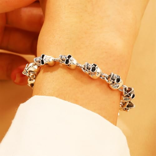 Gothic Silver/Gold Beaded Skull Bracelets for Men Women Punk, Goth Skulls Beads Skeleton Chain Bracelet Halloween Statement Jewelry Gift Accessories3