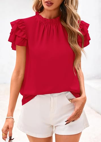 KIRUNDO Womens Blouse 2025 Spring Summer Dressy Casual Ruffle Short Sleeve Frill Mock Neck Work Shirt Tops Fashion Clothing4