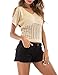Produktbild GREATY Frauen T-Shirt, Sommer Damen Fashion Tops Vintage Strickhemd Schulterfrei, Beiläufig Slim Shirt Einfarbig V-Ausschnitt Durchbrochene Lose Kurzarm T-Shirt, Strand Weste Bluse Großformat,Beige,L