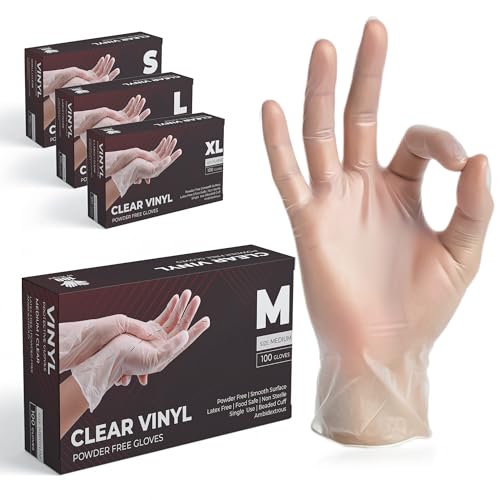 The Real Touch Einweghandschuhe, Transparente Vinylhandschuhe - Box mit 100 Stück, Einmalhandschuhe Puderfrei und Latexfrei, Vinyl Handschuhe Einweg für Küche, Reinigung und Lebensmittel (M)