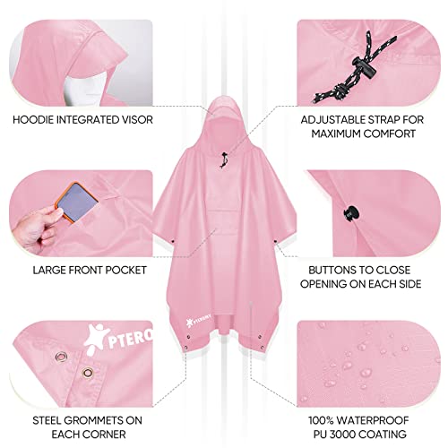 image for PTEROMY Hooded Rain Poncho for Adult with Pocket, Waterproof Lightweig