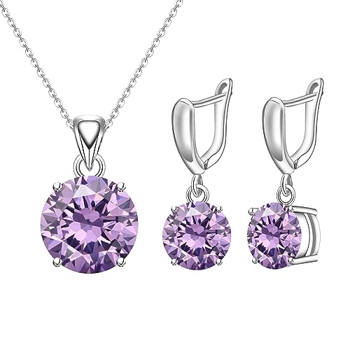 GZWHD Purple Amethyst Round Necklace and Earrings Set for Women Bride Bridesmaid Jewelry Set Gift for Mother Wife Friends