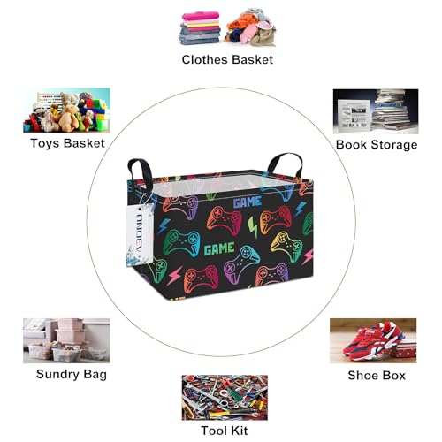 Image of Rectangular Gaming Pattern Foldable Clothes Closet Storage Bin | Damp resistant canvas fabric, sturdy stitched carry grips, space-saving holder arranges wardrobe and leisure area personal.