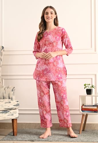 Image of Amazon Brand - Tavasya Women Cotton- Rayon Printed Kurti with Pant Co-Ord Set | Soft Comfortable Straight Fit Ethnic Kurta Set | 3 /4 Sleeves V-Neck Daily, Office & Casual Wear