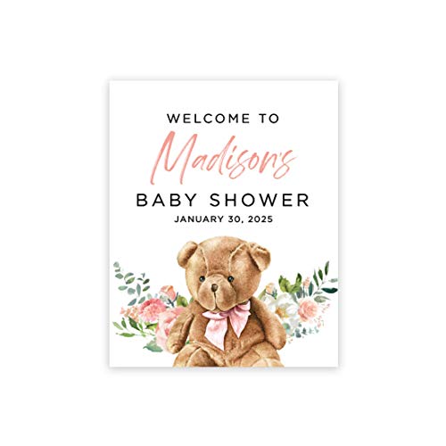 Andaz Press Custom Large Baby Shower Canvas Welcome Sign, 16 x 20 Inches, Blush Pink Teddy Bear, Guestbook Alternative, Personalized Sign Our Canvas, for Bear Baby Shower, Baby Sprinkle Theme