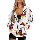 Zhangruoheng Butterfly German Flag Hoodie Sweatshirt for Womens Long Sleeve Zip Up Hooded Jackets with Pockets Drop Shoulder Sweatshirt for Birthdays, Sports, Vacation White X-Small