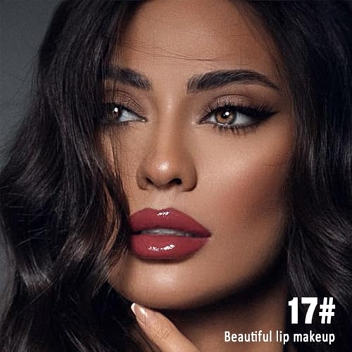 Image of evpct Mauve Red Shiny Longwear No-Budge Liquid Lip Color Lipstick Makeup, Highly Pigmented Color Instant Shine, Waterproof Long Lasting Lipstick for Women, Lip Stain Gloss with Lip Liner Brush, 17#