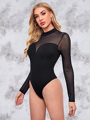 Verdusa Women's See Through Mesh Long Sleeve Mock Neck Skinny Leotard Bodysuit Black Plain S #TOP2