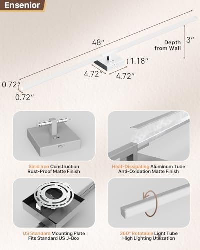 Image of Ensenior Modern Bathroom Vanity Light 48 Inch, Built-in Dimmer, 28W Dimmable 5CCT LED Light Fixture Over Mirror, Baked-on Matte Grey Vanity Lights for Mirror Cabinets Bedroom - FCC & ETL Certificated