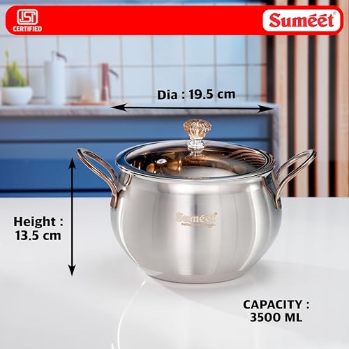 Image of Sumeet ISI Certified Stainless Steel Cook & Serve Biryani Pot /Handi /Sauce Pot with Glass Lid |Induction and Gas Compatible | Capacity - 3500ml -Dia - 19.5cm, Silver
