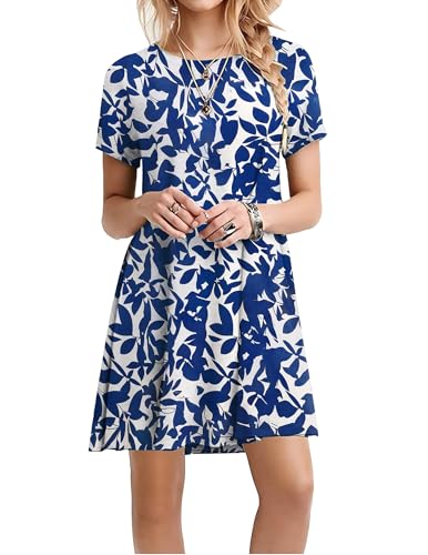 Zeagoo Summer Dress Short Sleeve Round Neck T-Shirt Dresses Knee Length Loose Casual Dresses with Pockets Blue Flowers Size S