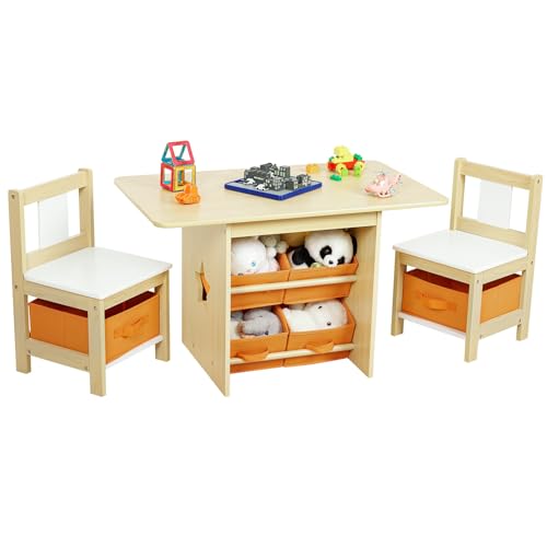YORBAY Mesa Infantil con 2 sillas, Mobiliario Infantil con Espacio de almacenaje, Grupo de Asientos para niños, Mesa de Pintura para habitación Infantil, Sala de Juegos, Preescolar, Muebles (Natural)