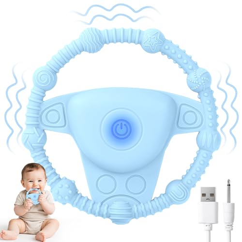 EccoCove Vibrierender Beißring für Babys aus Silikon – Sensorisches Babyspielzeug zur Zahnfleischmassage & Stimulation, unterstützend bei Autismus, Ängsten & als Zahnungshilfe (Blau Lenkrad)