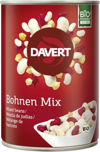 Davert Bohnen Mix Konserve, mit Kidneybohnen, weißen Riesenbohnen, Kichererbsen und weißen Bohnen, Bio, 6 x 400g