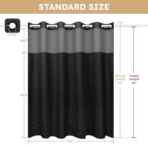 No Hook Shower Curtain and Liner Set, Black Snap in Shower Curtain Ringless Chevron Tufted Cloth Waterproof Washable Fabric Bath Curtain with See Through Top Window for Bathroom Hotel 71" x 74" - Image 6