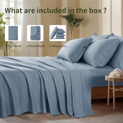Image of Shilucheng 6 Piece Queen Sheet Sets, Cooling Sheets, Blend Rayon Derived from Bamboo, Deep Pocket Up to 16 inch, Breathable & Soft Bed Sheets, Hotel Silky Bedding Set, French Blue