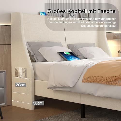VECELO Polsterbett 140x200 cm mit USB & Type-C Anschlüssen, Doppelbett mit Kopfteil und 2 Seitentaschen, Bett Bettrahmen Bettgestell mit Lattenrost, Jugendbett, Leinen, Ohne Matratze, Beige