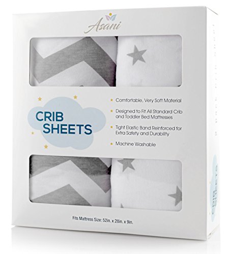 Image of Fitted Baby Crib Sheet | Extra-Soft & Breathable Jersey Cotton Bedding Sheets for Infants, Babies or Toddlers | Anti-Pill Bedding | Cute Neutral Nursery Set for Boys/Girls (2 Pack, Stars/Zig Zags)