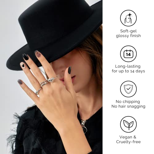 Nailog Semi Cured Nail Strips (20 Extra Long Gel Nail Strips) │ Glossy & Long Lasting Nail Polish Stickers, Nail Wraps With Soft Gel Finishing │Black Little Heart #TOP2