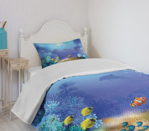 Colcha de diseño océano profundo acolchada con elegantes acabados de peces de oro y algas 5