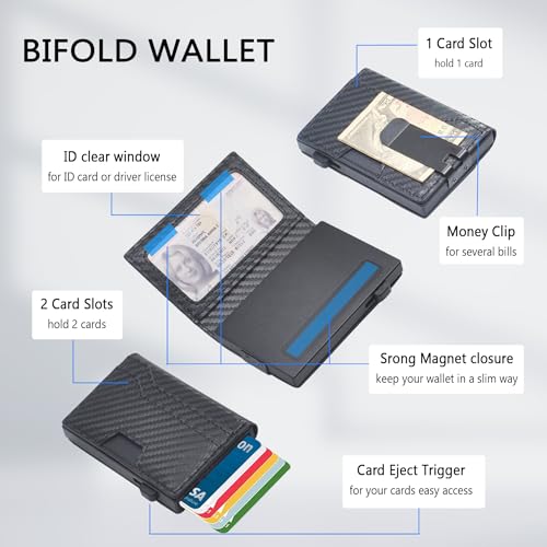 Minimalist Wallet for Men, RFID Card Holder Pop Up Wallet with Money Clip, ID Window, Leather Slot(Metal, Black CF)2